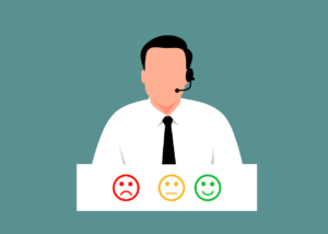Customer Service Representative Graphic with smiley face rating options